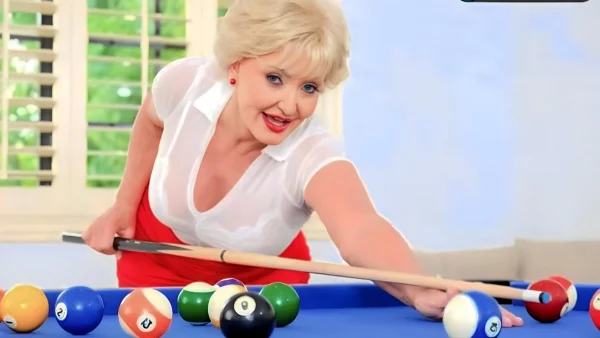 Granny In Heels Caresses Pussy After Billiards